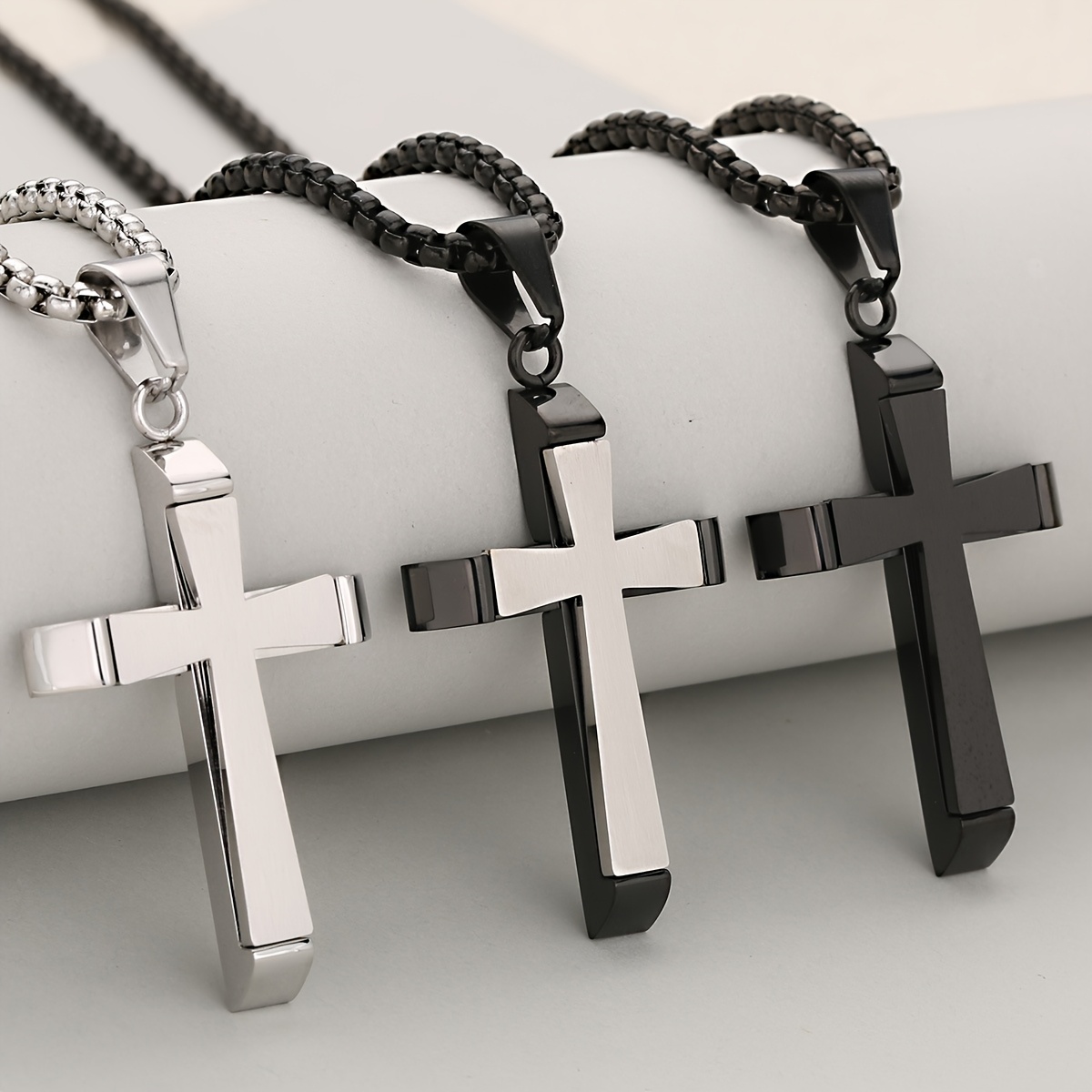 Double Layer Cross Pendant Necklace in Two-Tone Satin-Mirror Finish
